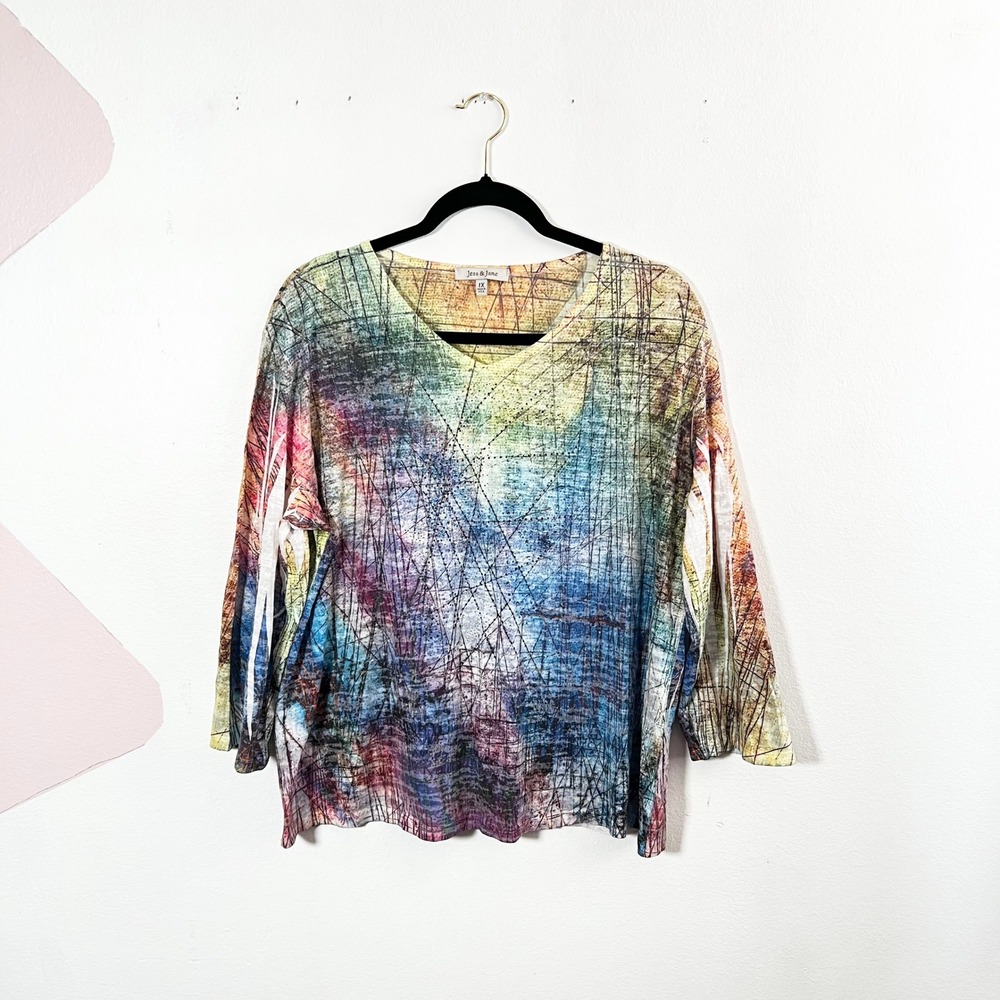 Jess & Jane Tunic Top Women's 1X Abstract Art To Wear Rhinestone Boho